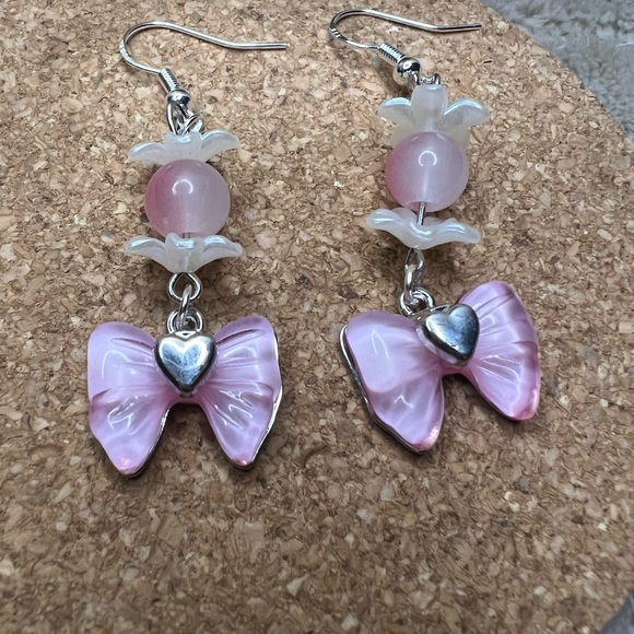 Pink Bow Flower Earrings - Picture 3 of 3